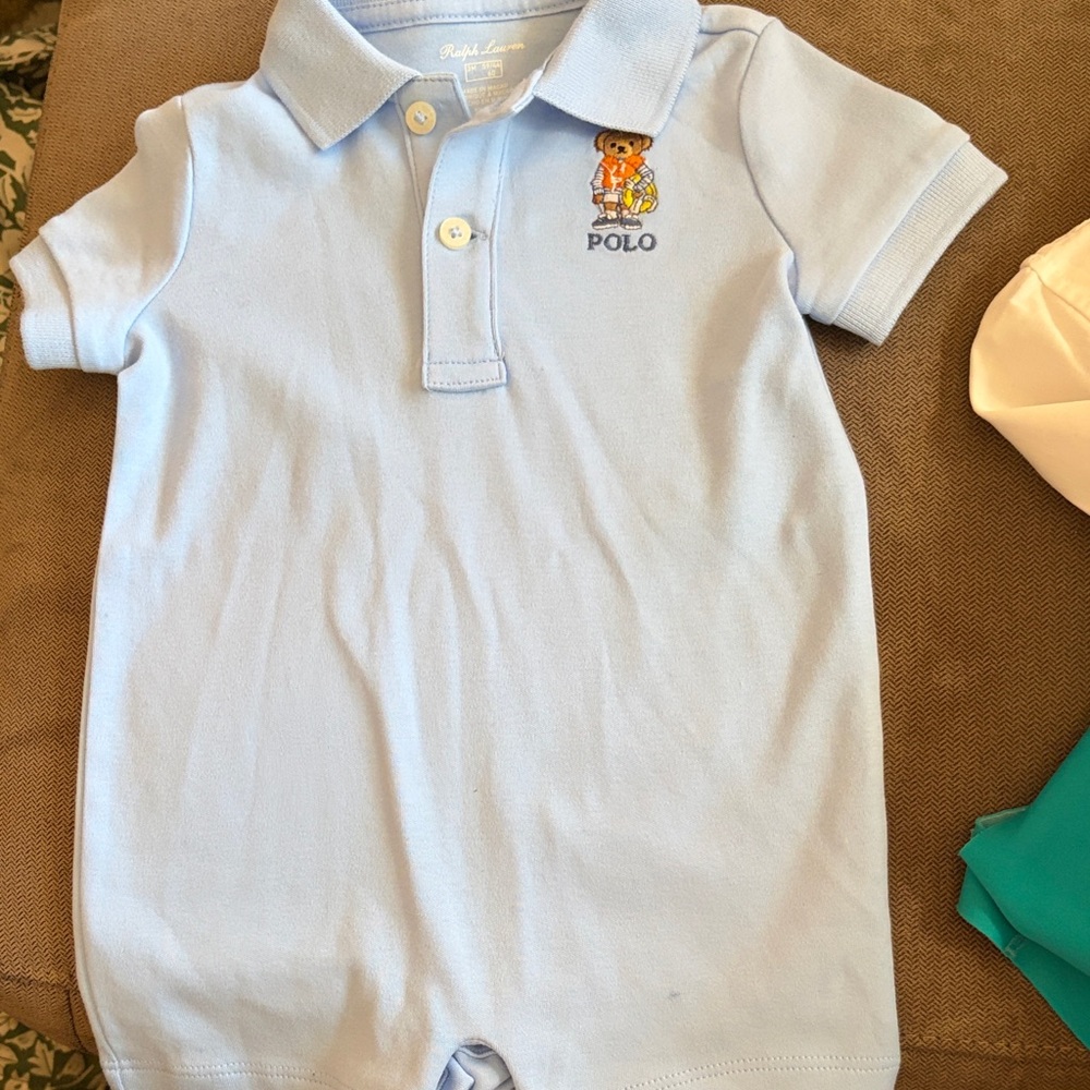 Ralph Lauren Baby Light Blue Polo Bear Cotton Romper
